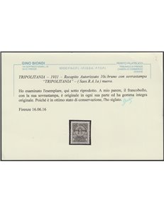 1931 - Colonie Italiane Tripolitania F.llo del Regno, Recapito Autorizzato 10 c. bruno sovr. "TRIPOLITANIA" Cat. €3000 (**)