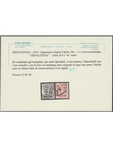 1924 - Colonie Italiane Tripolitania Segnatasse Vaglia d'Italia con sovrast. "TRIPOLITANIA" Cat. € 1800 (U)