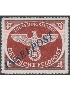 1944 - Occup. tedesca dell'Egeo Franchigia Militare di Germ. con sovr. obliqua azz. "INSELPOST" perf. a zig zag Cat. € 45 (*)