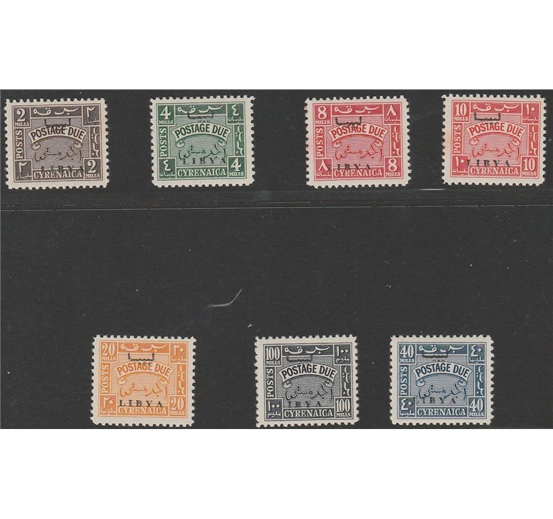1951 - Libia per la Cirenaica Segnatasse del 1950 con sovr. "LIBYA" ripetuta in arabo, la serie. Cat. € 500 (**)