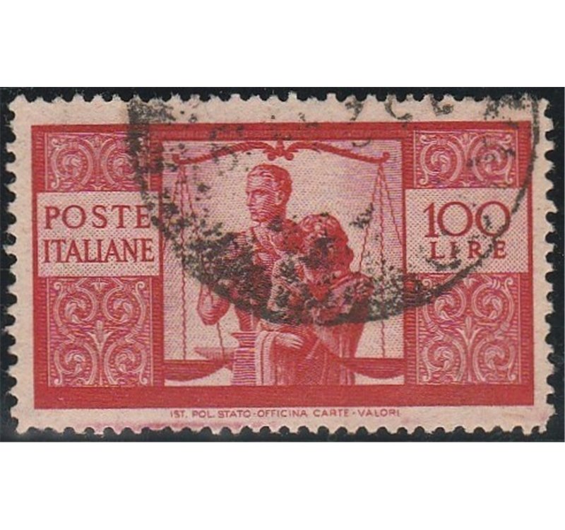 Italia Varietà 1947 - Democratica L. 100 carminio vivo II Lastra, dent. 13,90x13,30 carta bianca Cat. € 250 (U)