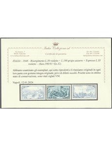 Italia 1948 - Risorgimento, la serie. Cert.: Italia Colleziona. Cat. € 700 (**)