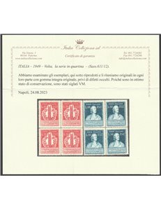 Italia 1949 - Volta, la serie in quartina Cert.: Italia Colleziona. Cat. € 550 (**)