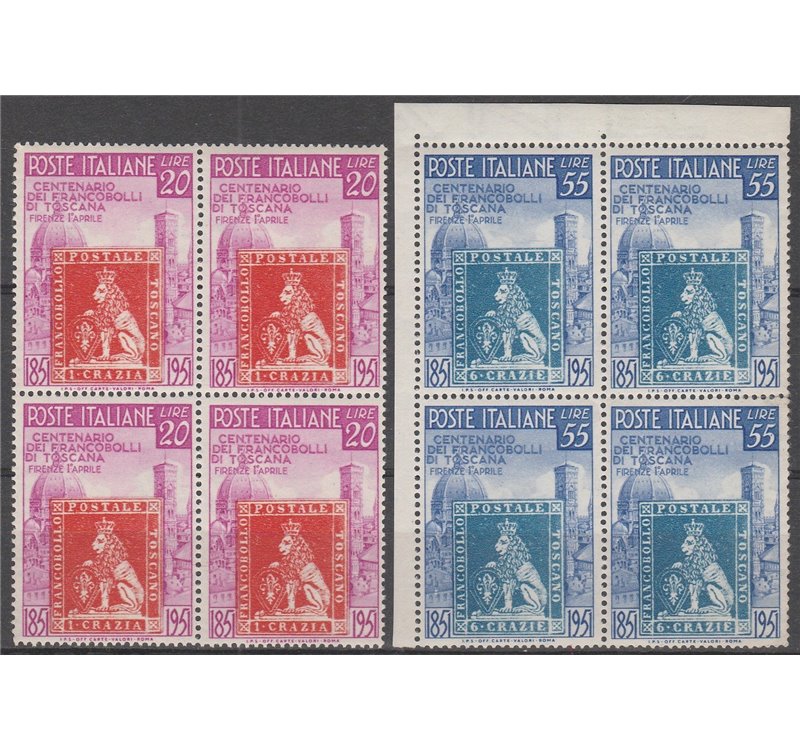 Italia 1951 - Toscana, la serie in quartina Cat. € 250 (**)