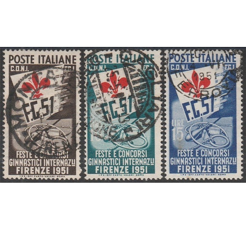 Italia 1951 - Concorsi Ginnici di Firenze, la serie con annulli di Posta Ordinaria non della manifestazione Cat. €2250 (U)