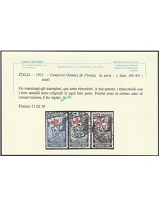 Italia 1951 - Concorsi Ginnici di Firenze, la serie con annulli di Posta Ordinaria non della manifestazione Cat. €2250 (U)