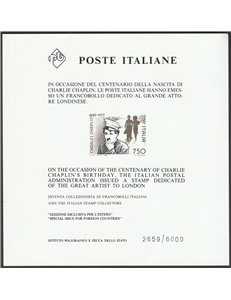 Italia 1984 - Chaplin, il foglietto. Cert.: Italia Colleziona. Cat. € 1200 (**)