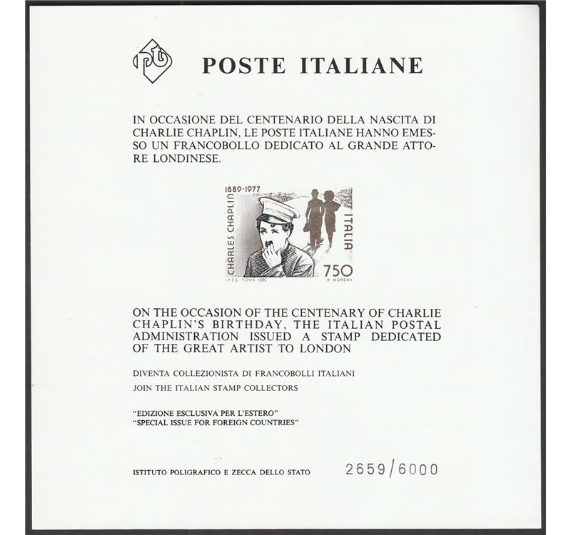 Italia 1984 - Chaplin, il foglietto. Cert.: Italia Colleziona. Cat. € 1200 (**)