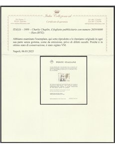 Italia 1984 - Chaplin, il foglietto. Cert.: Italia Colleziona. Cat. € 1200 (**)