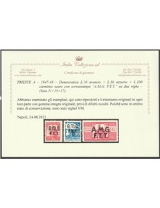 Trieste A 1947-1948 - Democratica, la serie. Cert.: Italia Colleziona. Cat. € 575 (**)