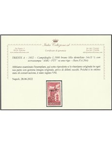 Trieste A Posta Aerea 1952 - Campidoglio L. 1000 bruno rosso dent. 14x13 1/4 con sovr. "AMG-FTT" su una riga Cat. € 320 (**)