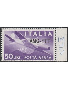 Trieste A Posta Aerea 1954 - Democratica L. 50 violetto vivo con sovr. "AMG-FTT" di tipo modificato Cat. € 550 (**)