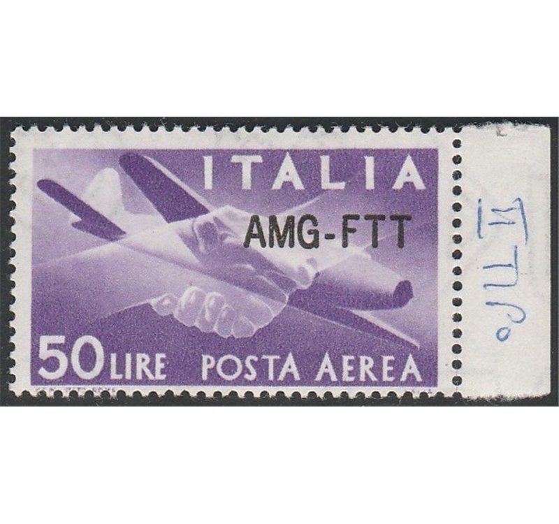 Trieste A Posta Aerea 1954 - Democratica L. 50 violetto vivo con sovr. "AMG-FTT" di tipo modificato Cat. € 550 (**)