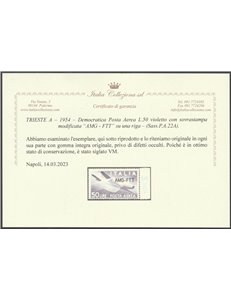 Trieste A Posta Aerea 1954 - Democratica L. 50 violetto vivo con sovr. "AMG-FTT" di tipo modificato Cat. € 550 (**)