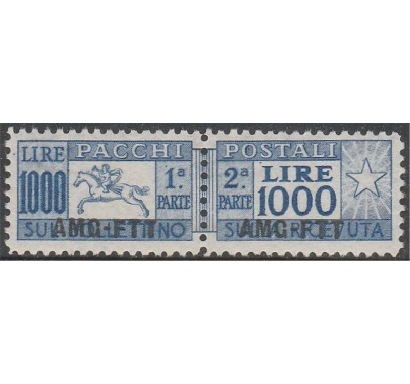Trieste A Pacchi Postali 1954 - Pacchi L. 1000 cavallino con sovr. "AMG-FTT" e dent. lineare 13 1/4 Cat. € 300 (**)
