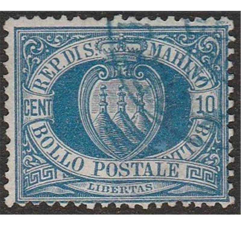 San Marino 1888 - Stemma 10 c. azzurro Cat. € 400 (U)