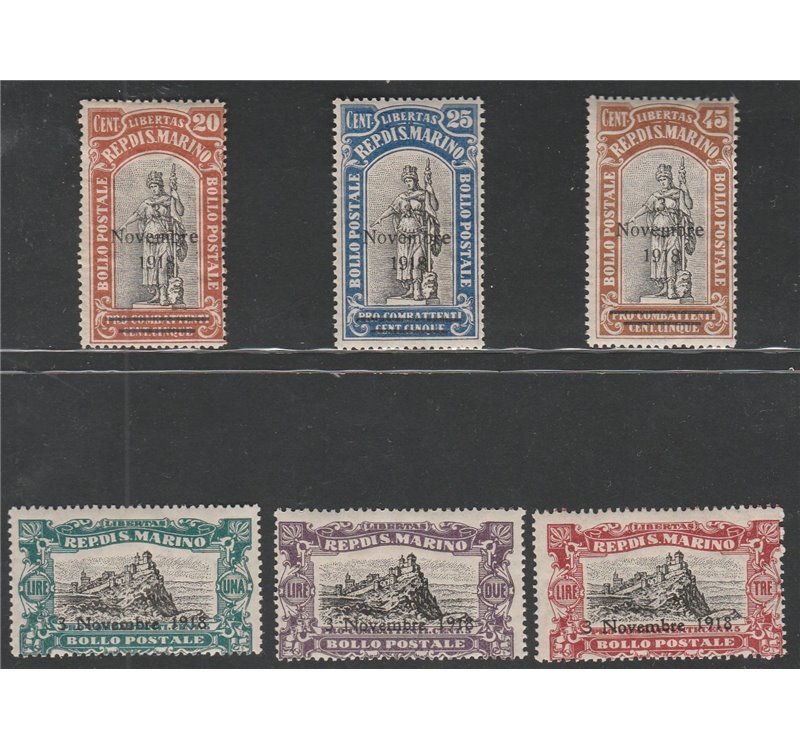 San Marino 1918 - Celebrazione della Vittoria, la serie. Cert.: Italia Colleziona. Cat. € 225 (**)