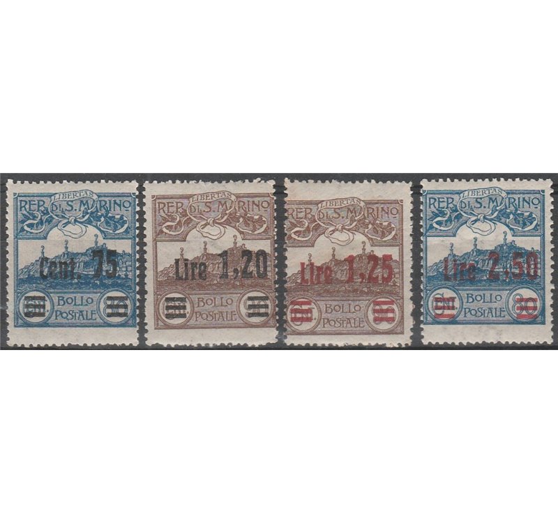 San Marino 1926 - Vedute del 1922-1923, la serie con nuovi valori in sovrastampa Cat. € 50 (**)