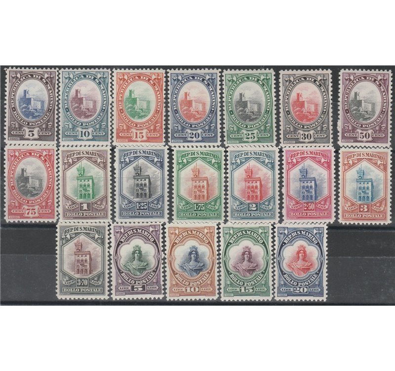 San Marino 1929-1935 - Libertas e Palazzetto, la serie. Cert.: Italia Colleziona. Cat. € 1500 (**)