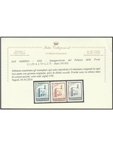 San Marino 1932 - Palazzetto della Posta, la serie. Cert.: Italia Colleziona. Cat. € 700 (**)