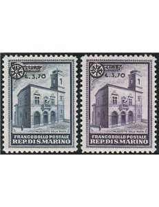 San Marino 1934 - Palazzetto della Posta, la serie di 2 valori con sovrastampa " L. 3,70" e fregi Cat. € 500 (**)
