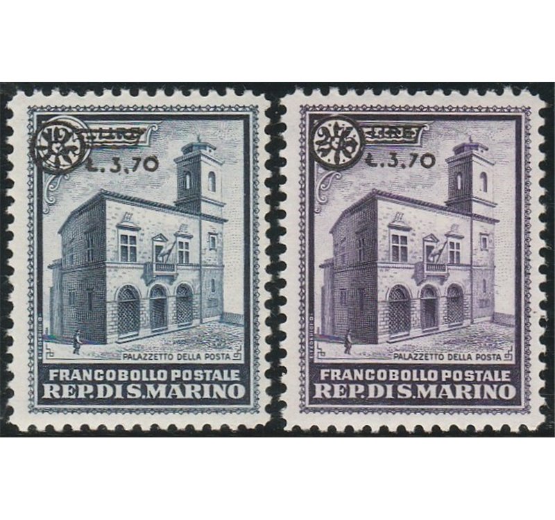 San Marino 1934 - Palazzetto della Posta, la serie di 2 valori con sovrastampa " L. 3,70" e fregi Cat. € 500 (**)