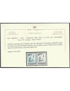 San Marino 1934 - Palazzetto della Posta, la serie di 2 valori con sovrastampa " L. 3,70" e fregi Cat. € 500 (**)