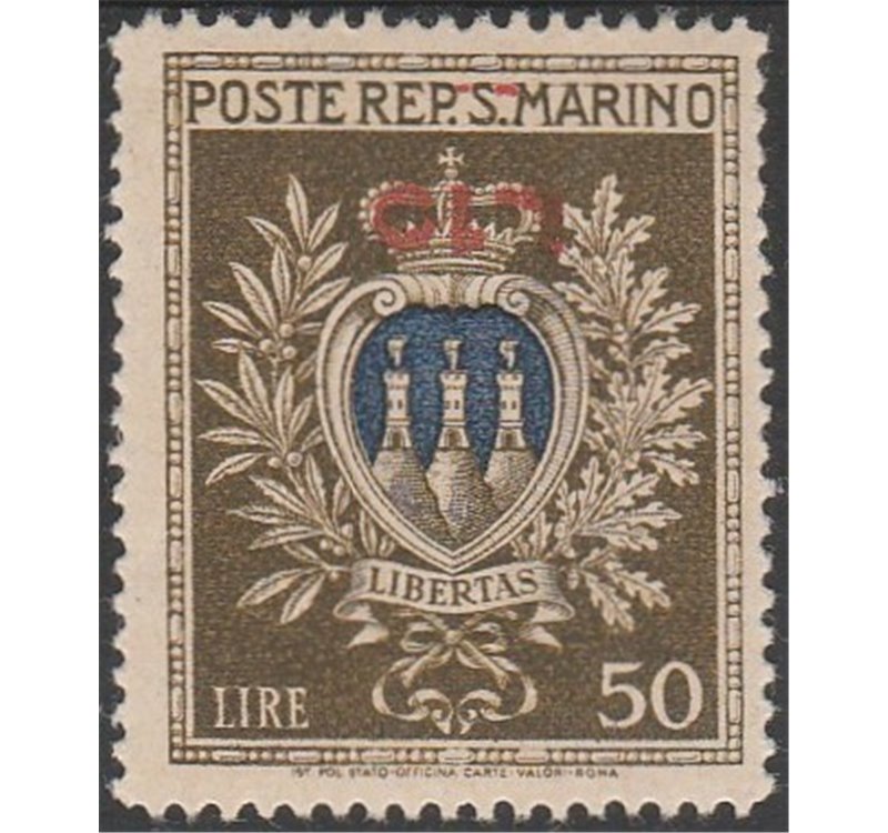 San Marino Varietà 1946 - Stemma L. 50 oliva e oltremare con sovr. capovolta "L. 10" Cert.: Apicella Cat. € 650 (**)