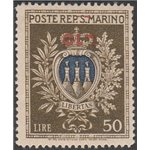 San Marino Varietà 1946 - Stemma L. 50 oliva e oltremare con sovr. capovolta "L. 10" Cert.: Apicella Cat. € 650 (**)