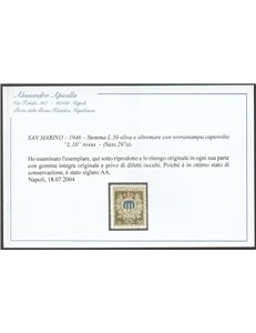 San Marino Varietà 1946 - Stemma L. 50 oliva e oltremare con sovr. capovolta "L. 10" Cert.: Apicella Cat. € 650 (**)