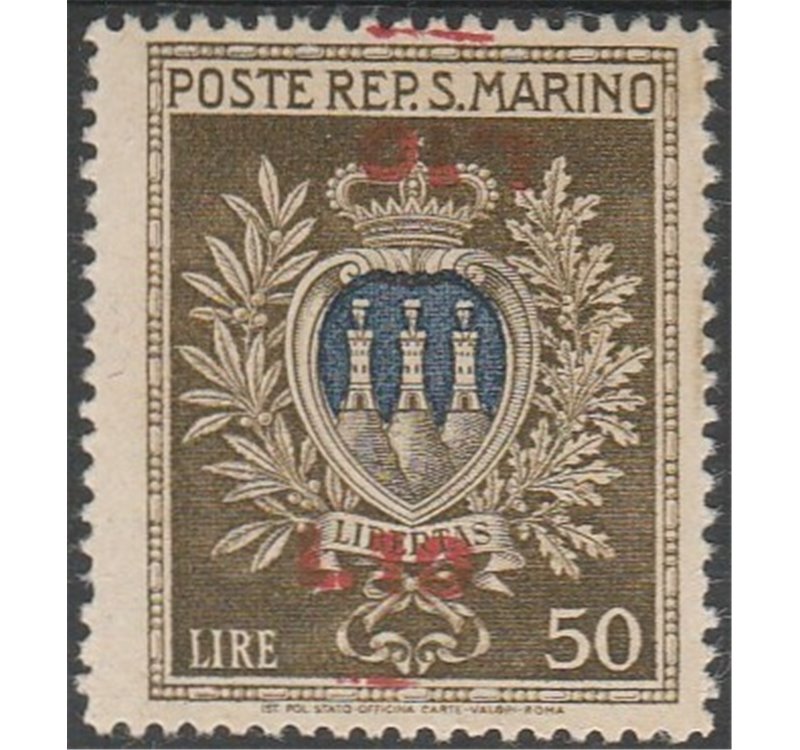 San Marino Varietà1946 - Stemma L. 50 oliva e oltremare con doppia sovr. di cui una capovolta "L. 10" Cat. € 900 (**)