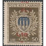 San Marino Varietà1946 - Stemma L. 50 oliva e oltremare con doppia sovr. di cui una capovolta "L. 10" Cat. € 900 (**)