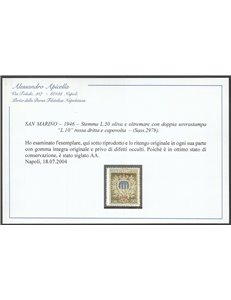 San Marino Varietà1946 - Stemma L. 50 oliva e oltremare con doppia sovr. di cui una capovolta "L. 10" Cat. € 900 (**)