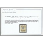 San Marino Varietà1946 - Stemma L. 50 oliva e oltremare con doppia sovr. di cui una capovolta "L. 10" Cat. € 900 (**)