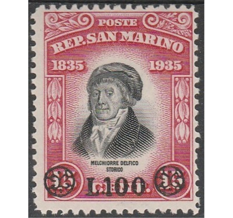 San Marino 1948 - Delfico L. 100 su 15 c. carminio e nero Cat. € 140 (**)