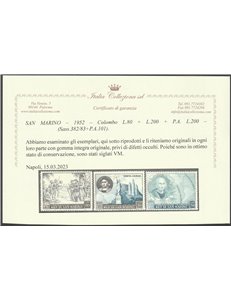 San Marino 1952 - Colombo, la serie. Cert.: Italia Colleziona. Cat. € 300 (**)