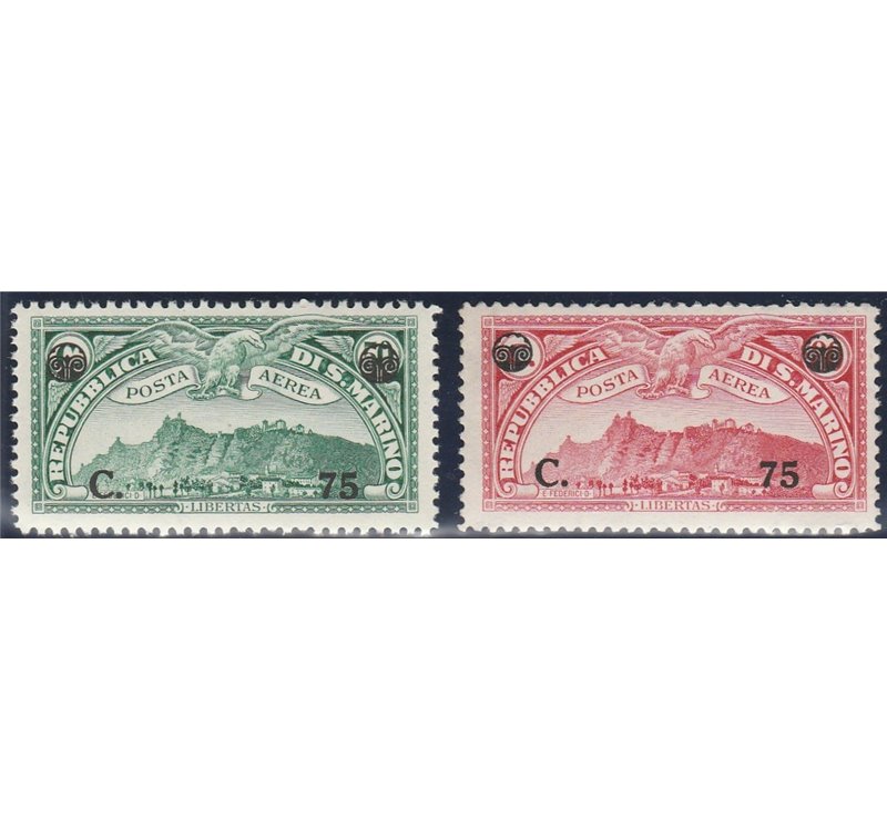 San Marino Posta aerea 1936 - Vedute, la serie con sovrastampa dei nuovi valori Cat. € 55 (**)