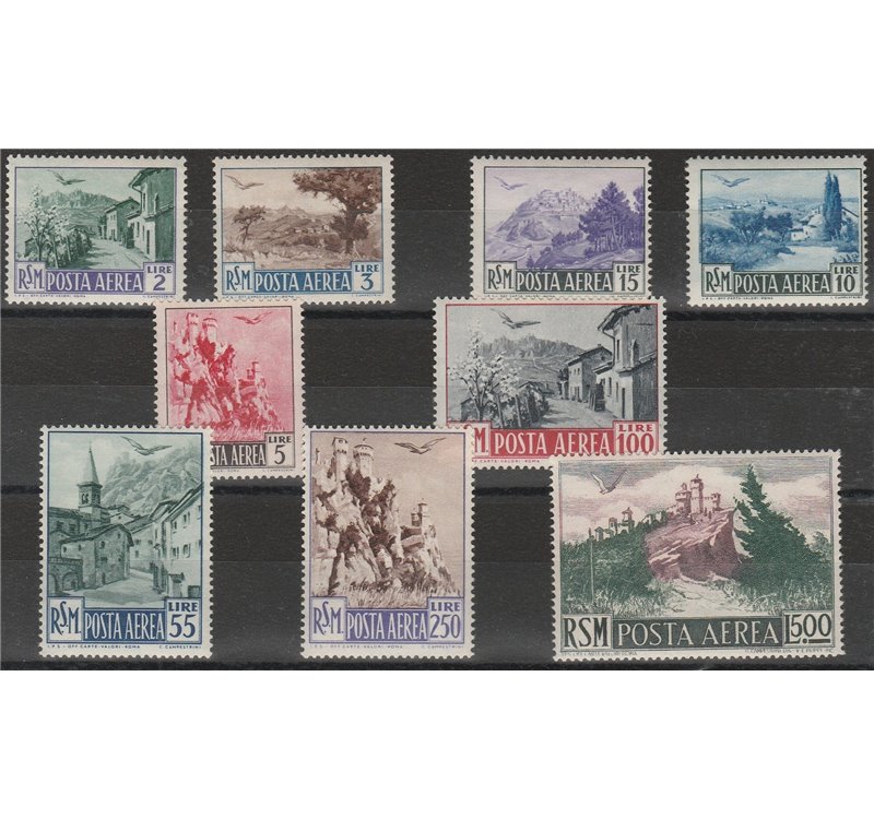San Marino Posta aerea  1950 - Vedute, la serie. Cert.: Italia Colleziona. Cat. € 475 (**)
