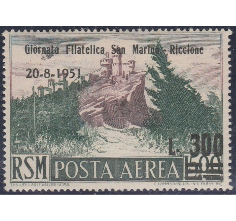 San Marino Posta aerea  1951 - Terza Giornata Filatelica L. 500 Cat. € 80 (**)
