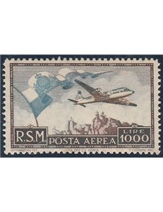 San Marino Posta aerea  1951 - Bandiera, Aereo e Veduta L. 1000 bruno e celeste Cert.: Italia Colleziona. Cat. € 850 (**)