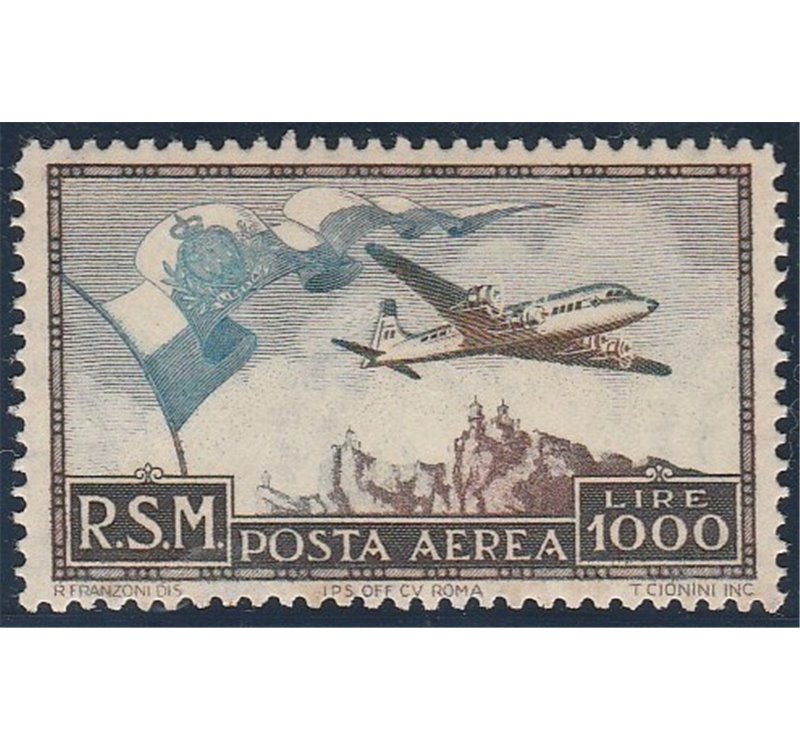 San Marino Posta aerea  1951 - Bandiera, Aereo e Veduta L. 1000 bruno e celeste Cert.: Italia Colleziona. Cat. € 850 (**)