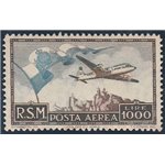 San Marino Posta aerea  1951 - Bandiera, Aereo e Veduta L. 1000 bruno e celeste Cert.: Italia Colleziona. Cat. € 850 (**)
