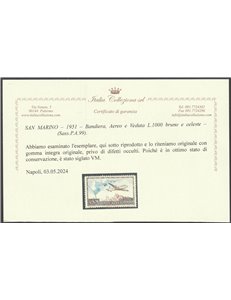 San Marino Posta aerea  1951 - Bandiera, Aereo e Veduta L. 1000 bruno e celeste Cert.: Italia Colleziona. Cat. € 850 (**)