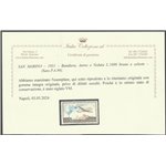 San Marino Posta aerea  1951 - Bandiera, Aereo e Veduta L. 1000 bruno e celeste Cert.: Italia Colleziona. Cat. € 850 (**)
