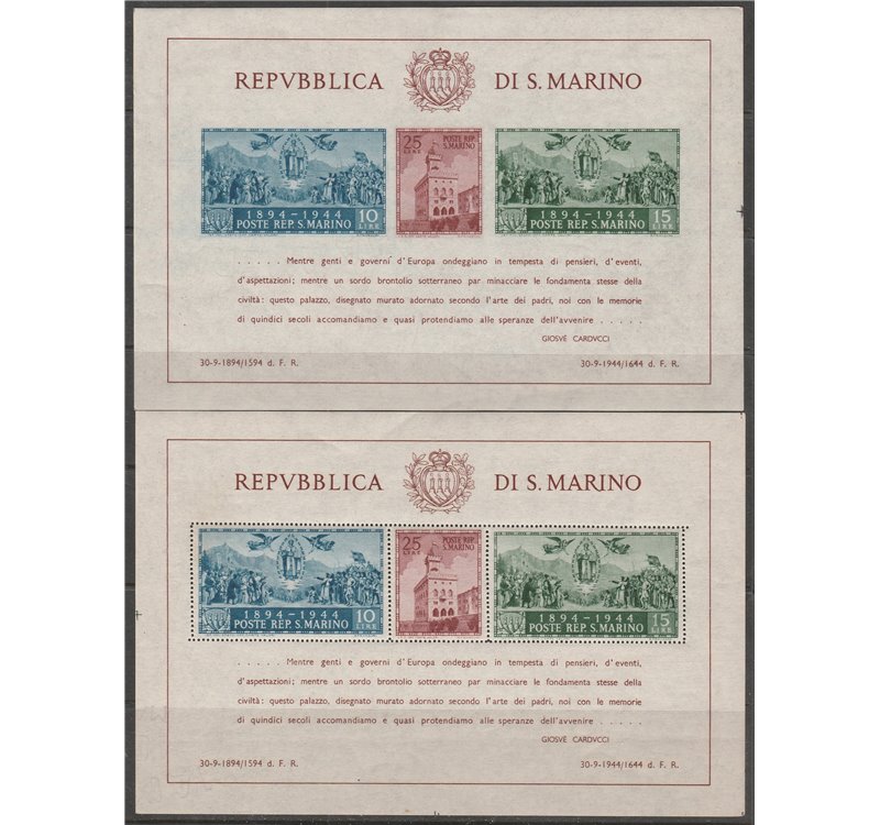 San Marino 1945 - Carducci, I due Foglietti, Dentellato e non Dentellato Cat. € 325 (**)