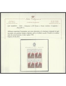 San Marino 1955 - Ginnasta, il foglietto. Cert.: Italia Colleziona. Cat. € 450 (**)