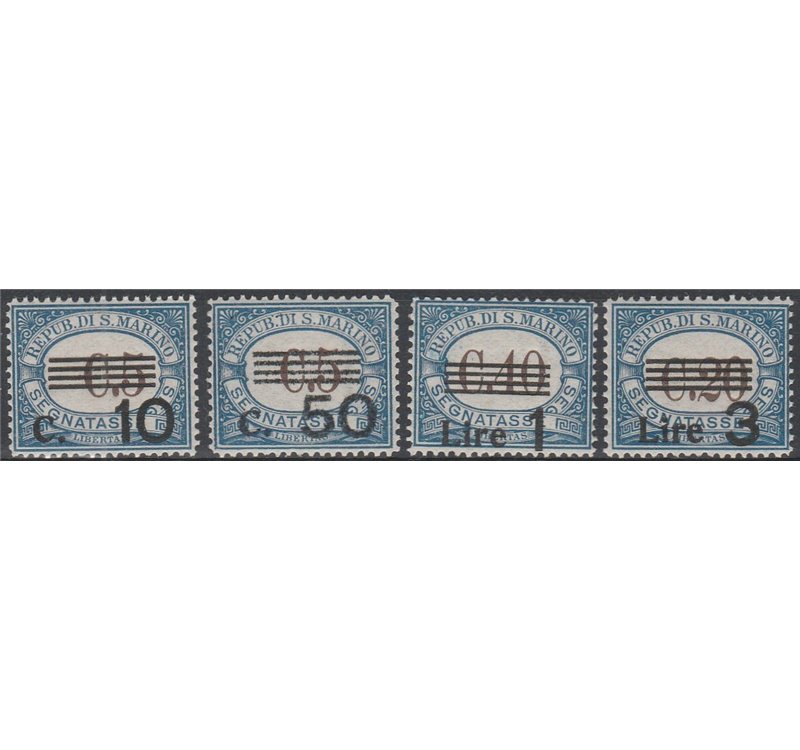 San Marino 1940 - Segnatasse del 1939 con sovr. dei nuovi valori, la serie ottimamente centrata Cat. € 400 (**)
