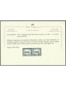 San Marino 1940 - Segnatasse del 1939 con sovr. dei nuovi valori, la serie ottimamente centrata Cat. € 400 (**)