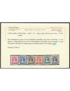 Vaticano 1934 - Provvisoria, la serie. Cert.: Biondi. Cat. € 2000 (U)