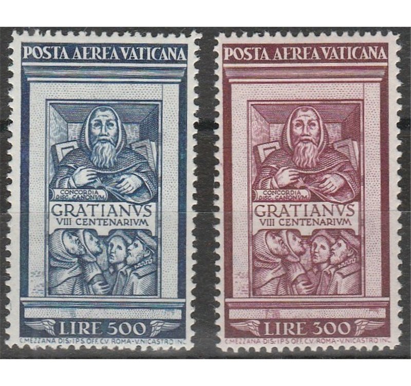 Vaticano Posta Aerea 1951 - Decreto del Monaco Graziano, la serie. Cert.: Italia Colleziona. Cat. € 450 (**)